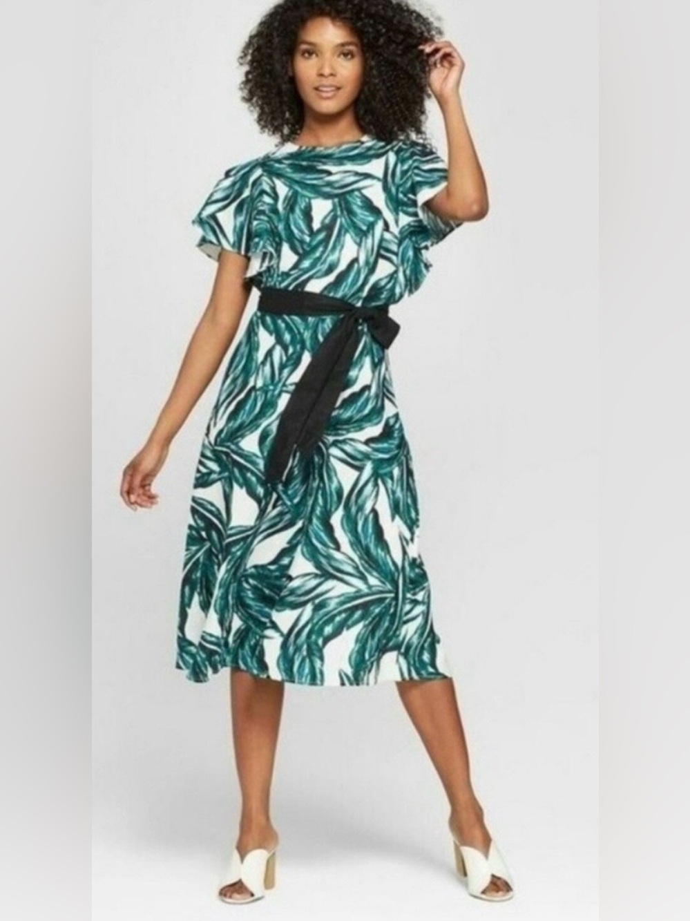 Linen blend high neck flutter short sleeve midi dress - Picture 2 of 6